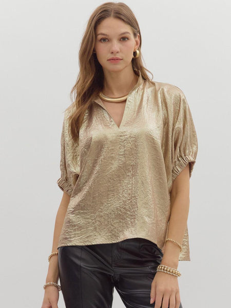 Metallic V-Neck Band Collar S/S Top Gold by Entro