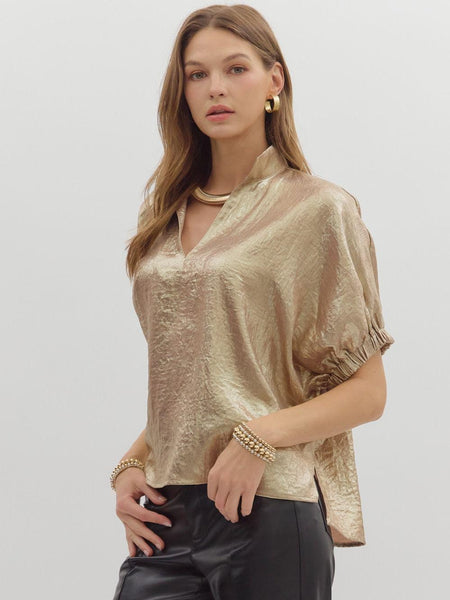 Metallic V-Neck Band Collar S/S Top Gold by Entro
