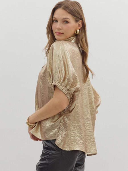 Metallic V-Neck Band Collar S/S Top Gold by Entro