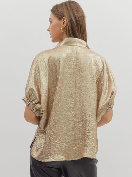 Metallic V-Neck Band Collar S/S Top Gold by Entro
