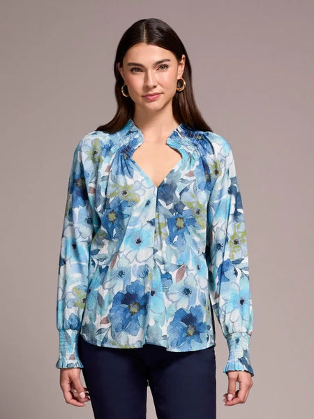 Printed Textured Smocked V-Neck Blouse Slateblue by Tribal