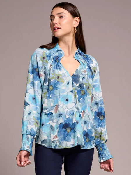 Printed Textured Smocked V-Neck Blouse Slateblue by Tribal