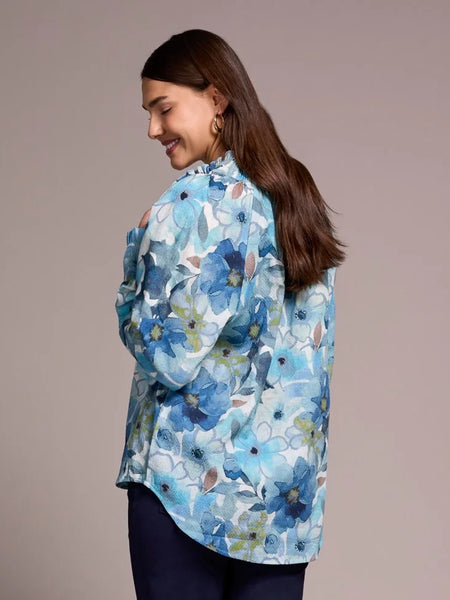Printed Textured Smocked V-Neck Blouse Slateblue by Tribal