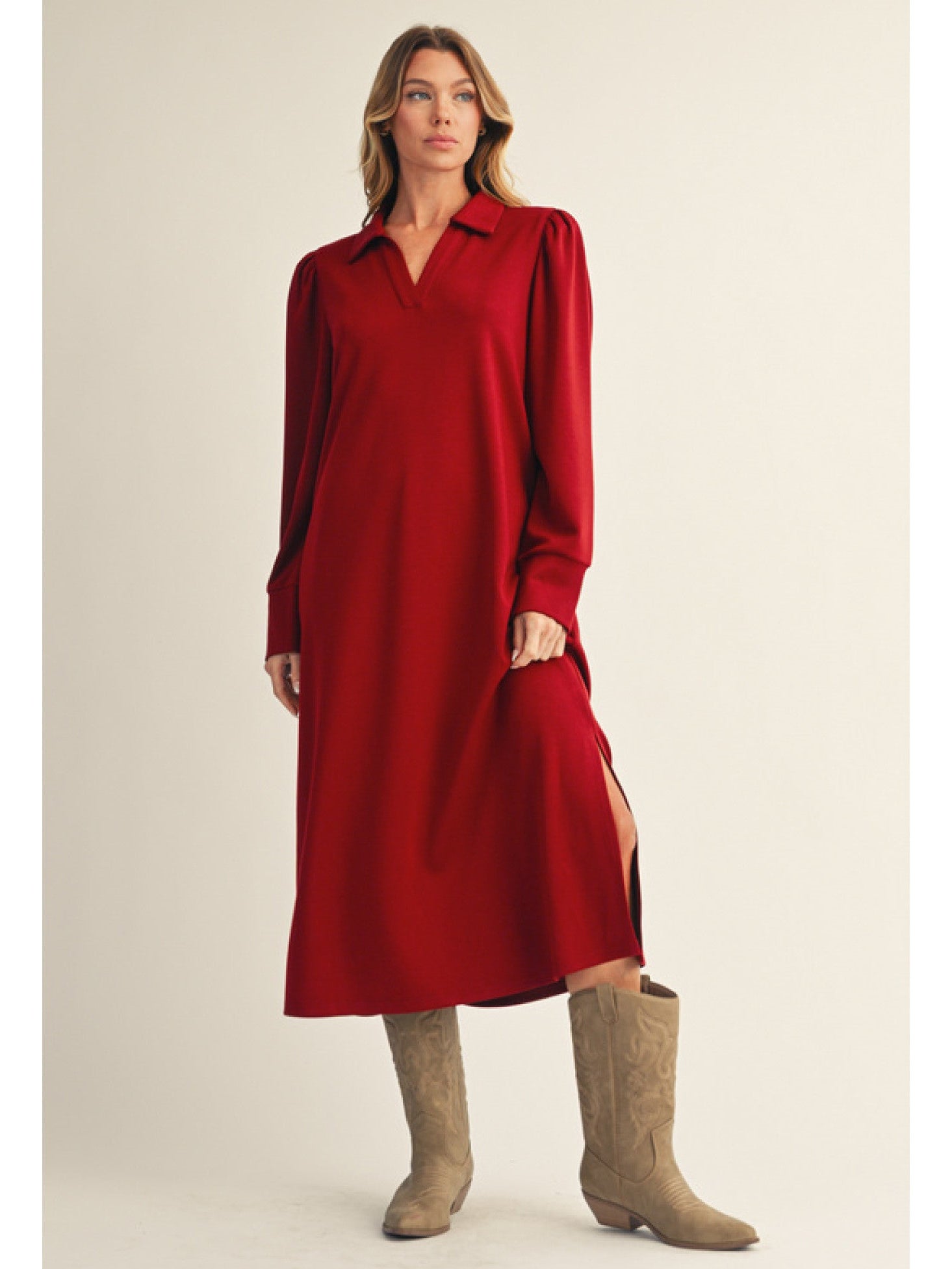 Long Sleeve Solid Midi Dress Wine by Jodifl