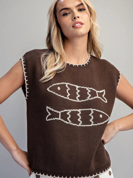 Fish Print Sweater Vest Chocolate by EESome