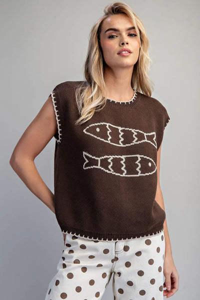 Fish Print Sweater Vest Chocolate by EESome