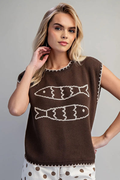 Fish Print Sweater Vest Chocolate by EESome