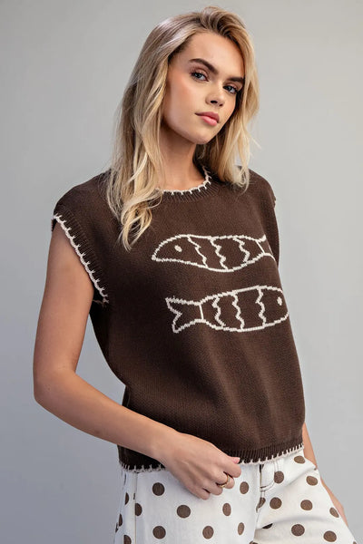 Fish Print Sweater Vest Chocolate by EESome