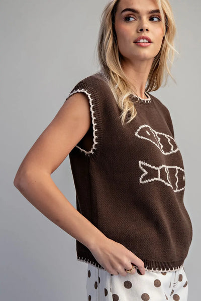 Fish Print Sweater Vest Chocolate by EESome
