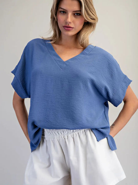 Solid V-Neck S/S Blouse Denim by EESome