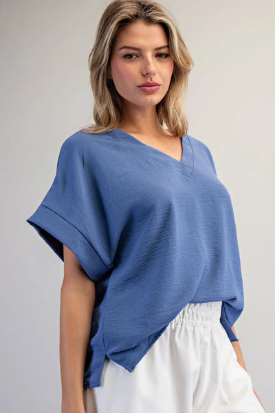 Solid V-Neck S/S Blouse Denim by EESome