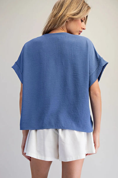 Solid V-Neck S/S Blouse Denim by EESome