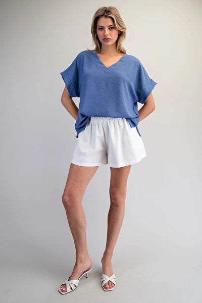 Solid V-Neck S/S Blouse Denim by EESome