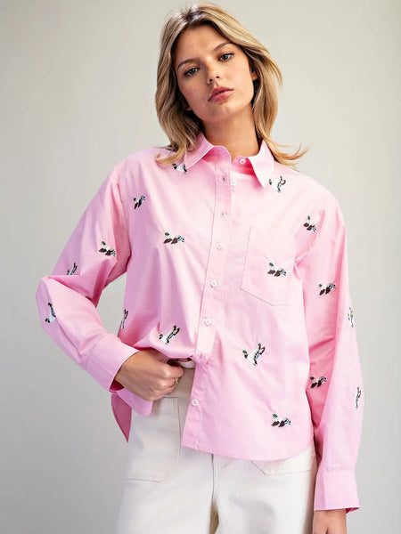 Embroidered Mallard Duck Button-Down Sweet Pink by EESome