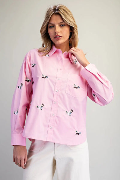 Embroidered Mallard Duck Button-Down Sweet Pink by EESome