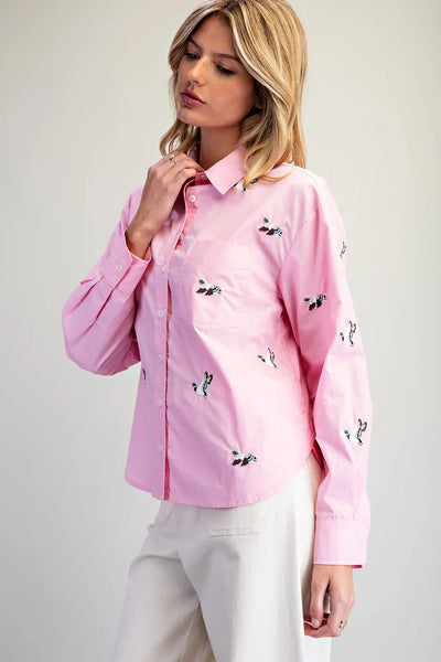 Embroidered Mallard Duck Button-Down Sweet Pink by EESome