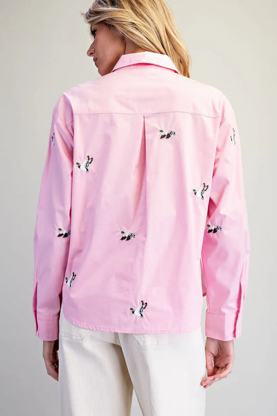 Embroidered Mallard Duck Button-Down Sweet Pink by EESome