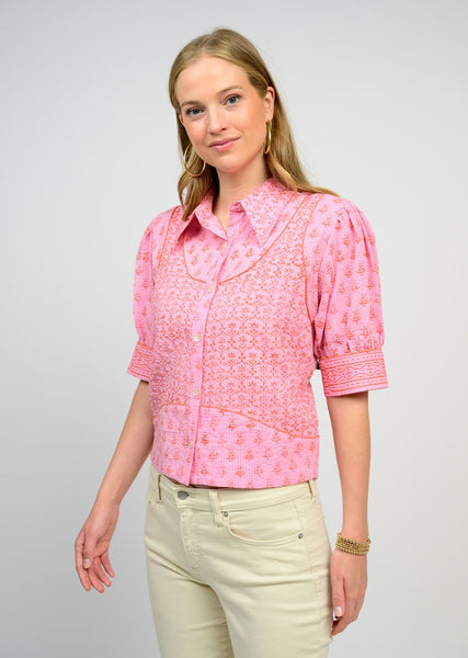 Kantha Stitched Shirt Jacket Pink by Ivy Jane