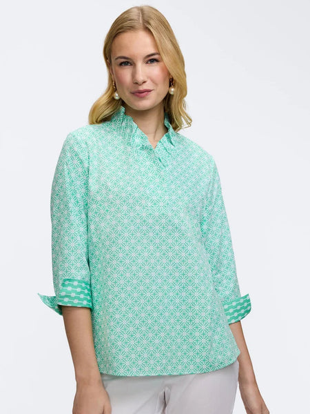 Tammy 3/4 Sleeve Geo Lattice Popover Green/White by Foxcroft