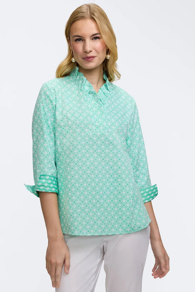 Tammy 3/4 Sleeve Geo Lattice Popover Green/White by Foxcroft