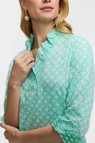 Tammy 3/4 Sleeve Geo Lattice Popover Green/White by Foxcroft