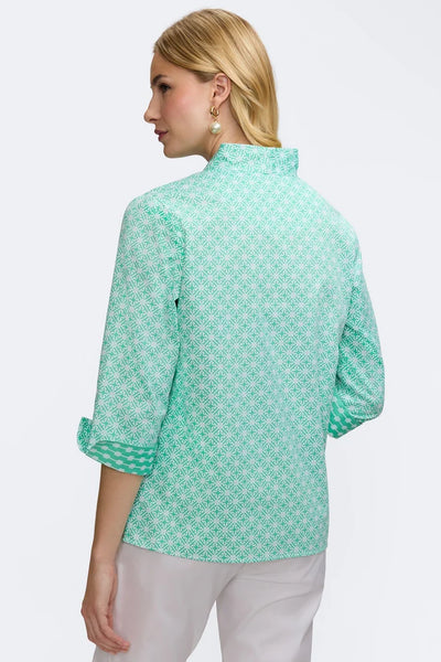 Tammy 3/4 Sleeve Geo Lattice Popover Green/White by Foxcroft
