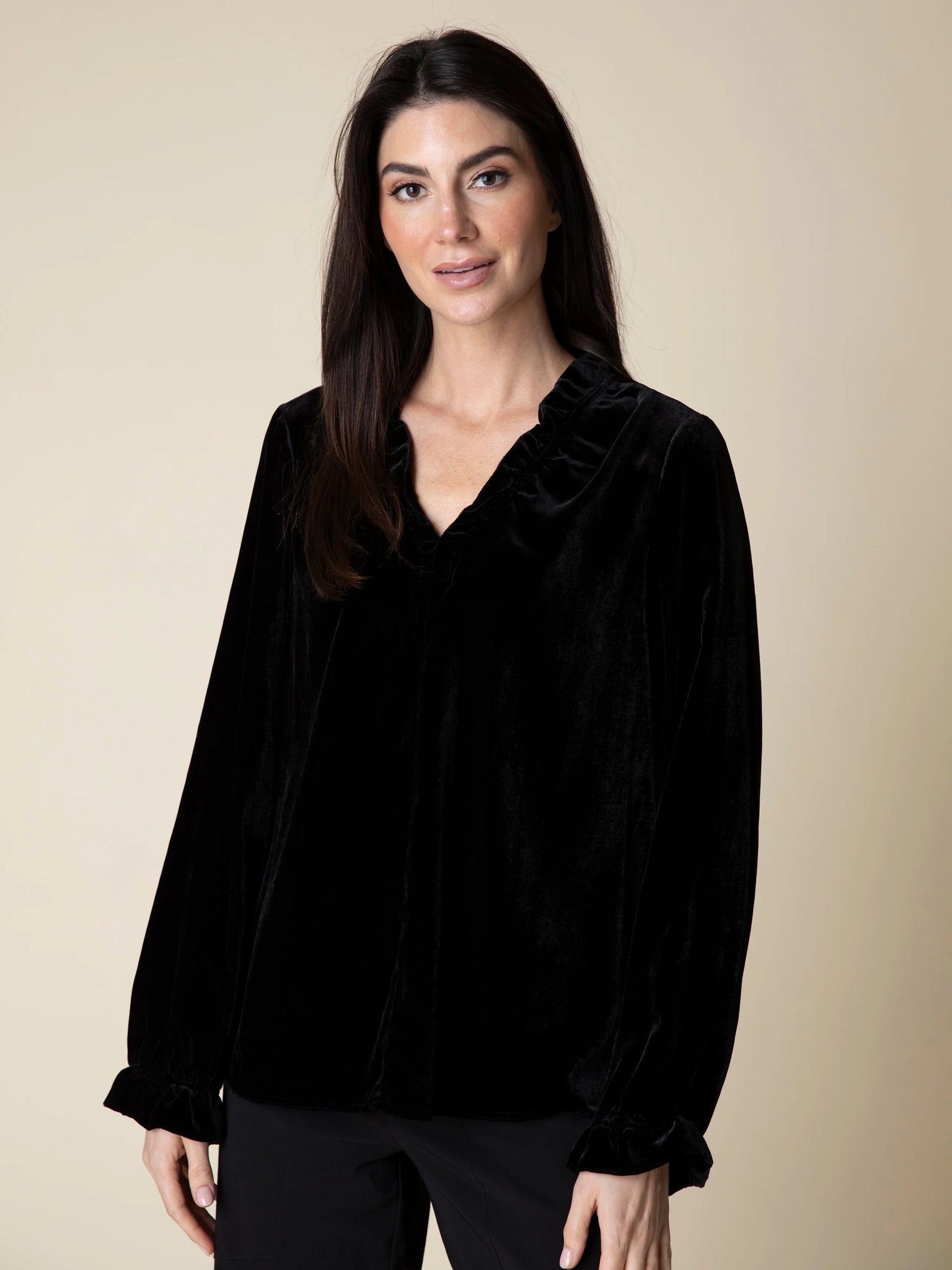 Velvet Flounce Collar Pullover Black by Habitat