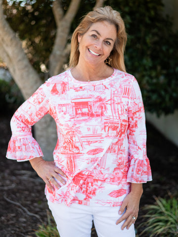Travel Print Flounce Sleeve Top by Multiples