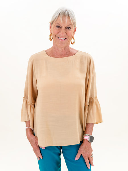 3/4 Flounce Sleeve Button Back Top Tan by Multiples