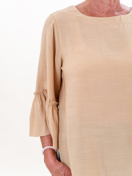 3/4 Flounce Sleeve Button Back Top Tan by Multiples