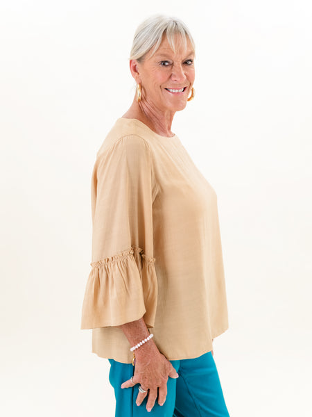 3/4 Flounce Sleeve Button Back Top Tan by Multiples