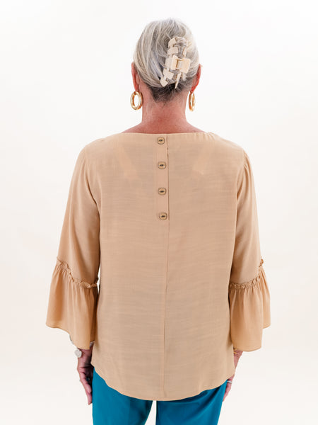 3/4 Flounce Sleeve Button Back Top Tan by Multiples