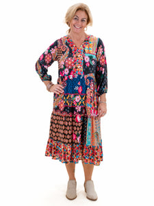 L/S Multi Print V-Neck Dress by Shana Apparel