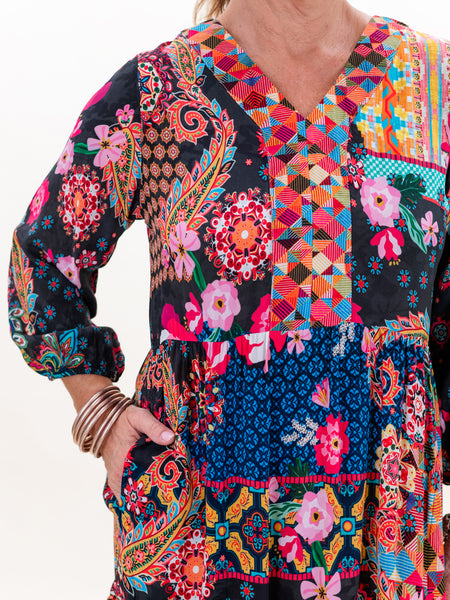 L/S Multi Print V-Neck Dress by Shana Apparel