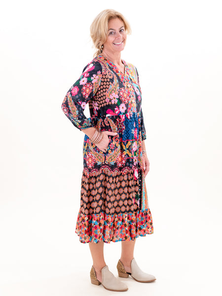 L/S Multi Print V-Neck Dress by Shana Apparel