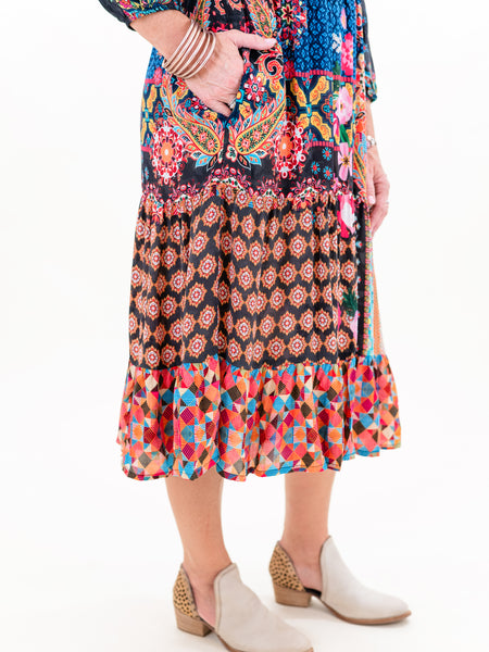 L/S Multi Print V-Neck Dress by Shana Apparel