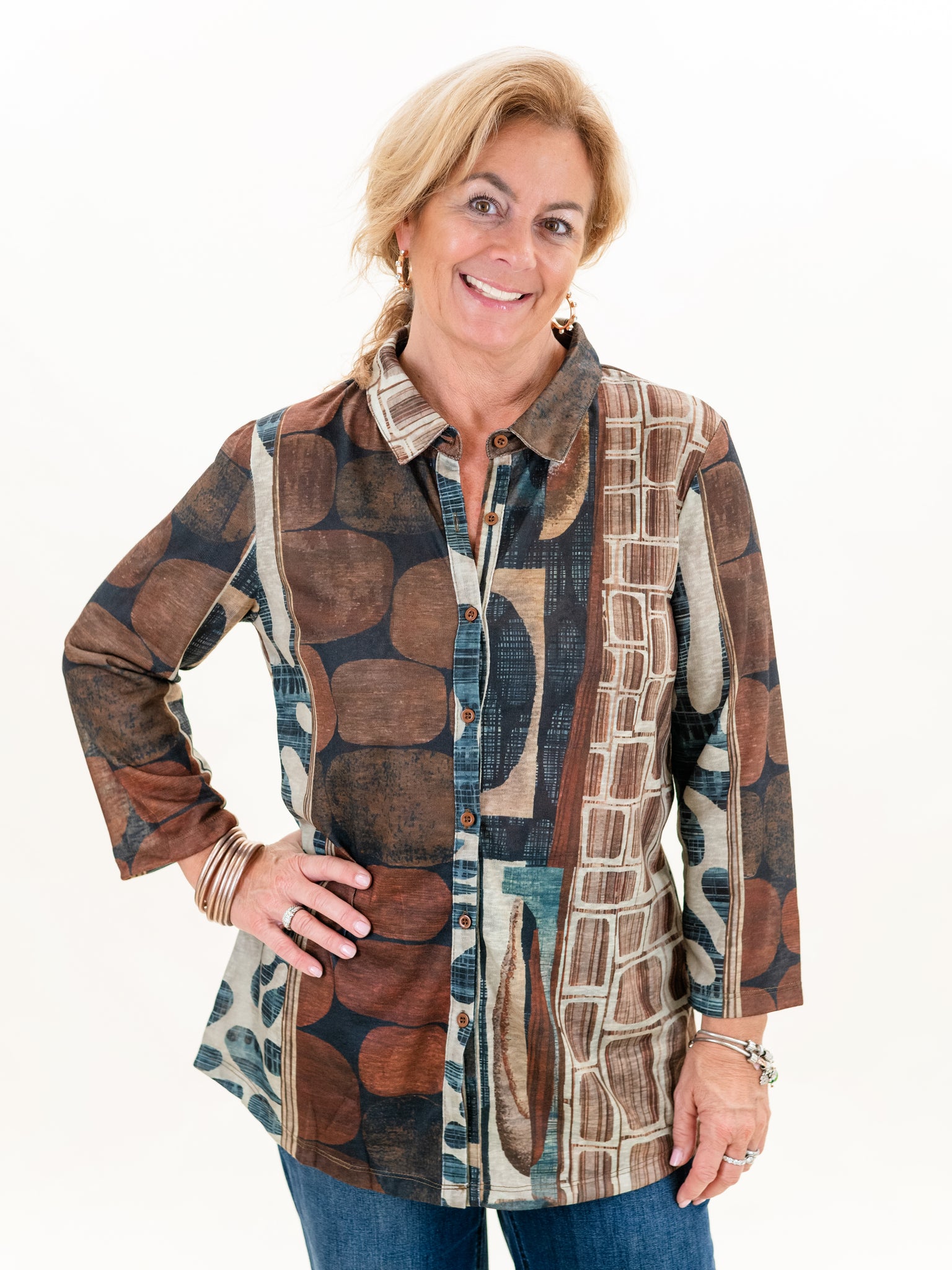 Brown Print Button Down by Shana Apparel