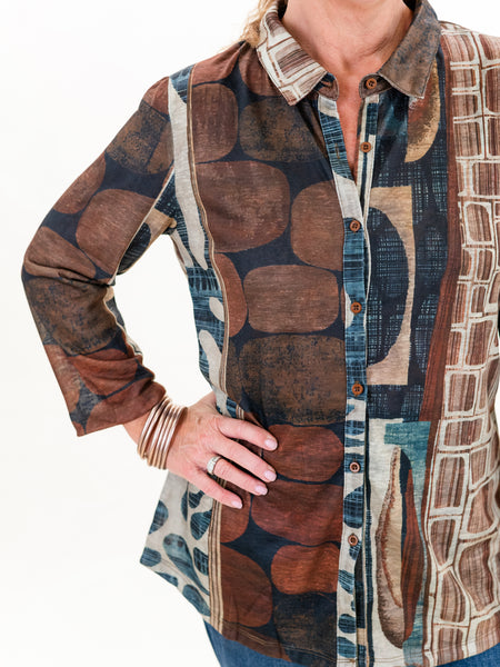 Brown Print Button Down by Shana Apparel