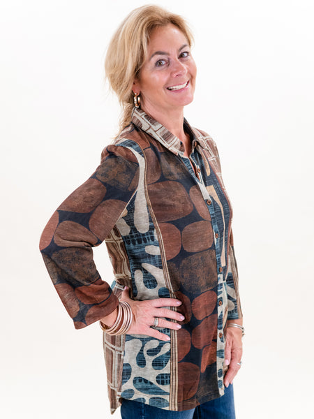 Brown Print Button Down by Shana Apparel