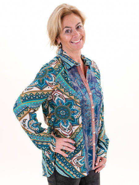 Mix Print Button Front Blouse by John Mark