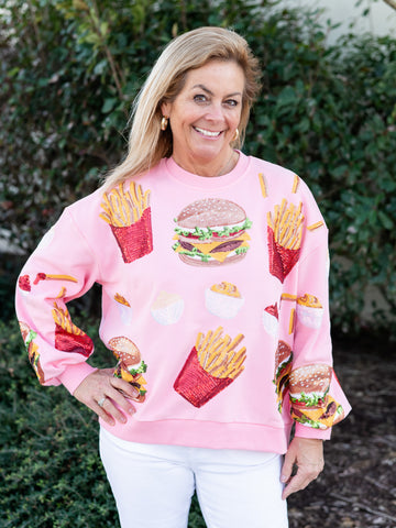 Light Pink Burger & Fries Icon Sweatshirt by Queen of Sparkles