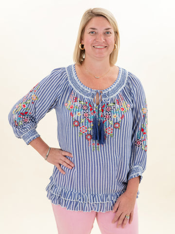 Stripe Floral Embroidered 3/4 Sleeve Tunic by Tru Luxe