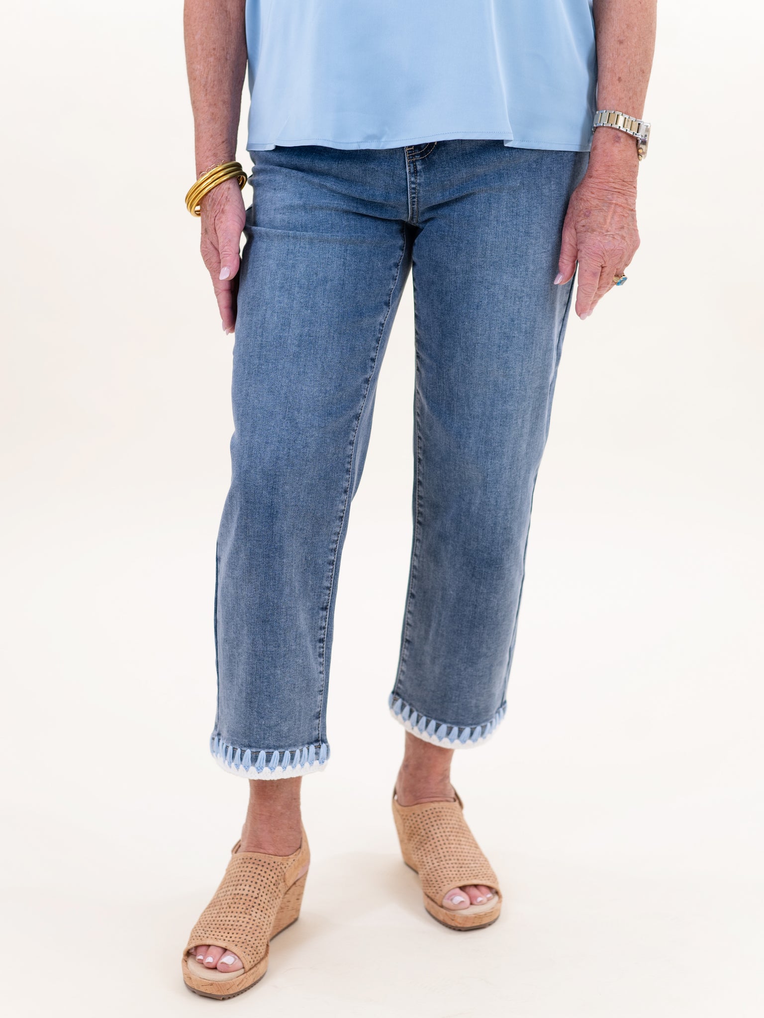 Straight Leg Jeans w/ Embroidered Hem by Charlie B