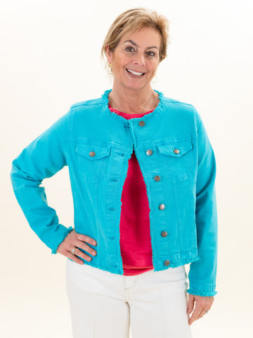 Collarless Jean Jacket w/ Fray Turquoise by APNY