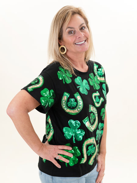 Black & Green Horse Shoe & Clover Tee by Queen of Sparkles