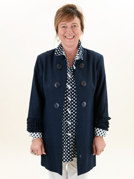 Linen Blend Jacket w/ Shirred Trim Navy by Multiples