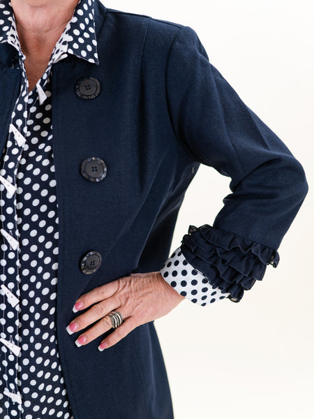 Linen Blend Jacket w/ Shirred Trim Navy by Multiples