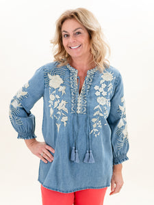 Denim Floral Embriodery Top by Tru Luxe