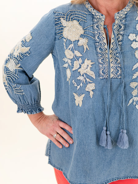 Denim Floral Embriodery Top by Tru Luxe