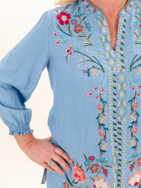 Foral Denim V-Neck by Tru Luxe